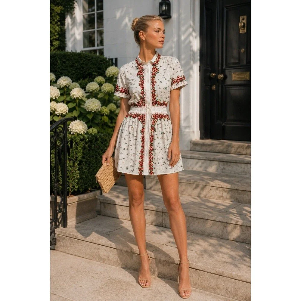 J Crew Map Print Shirt Dress Womens 6 Floral Mini Cotton Poplin Cerise Vacation